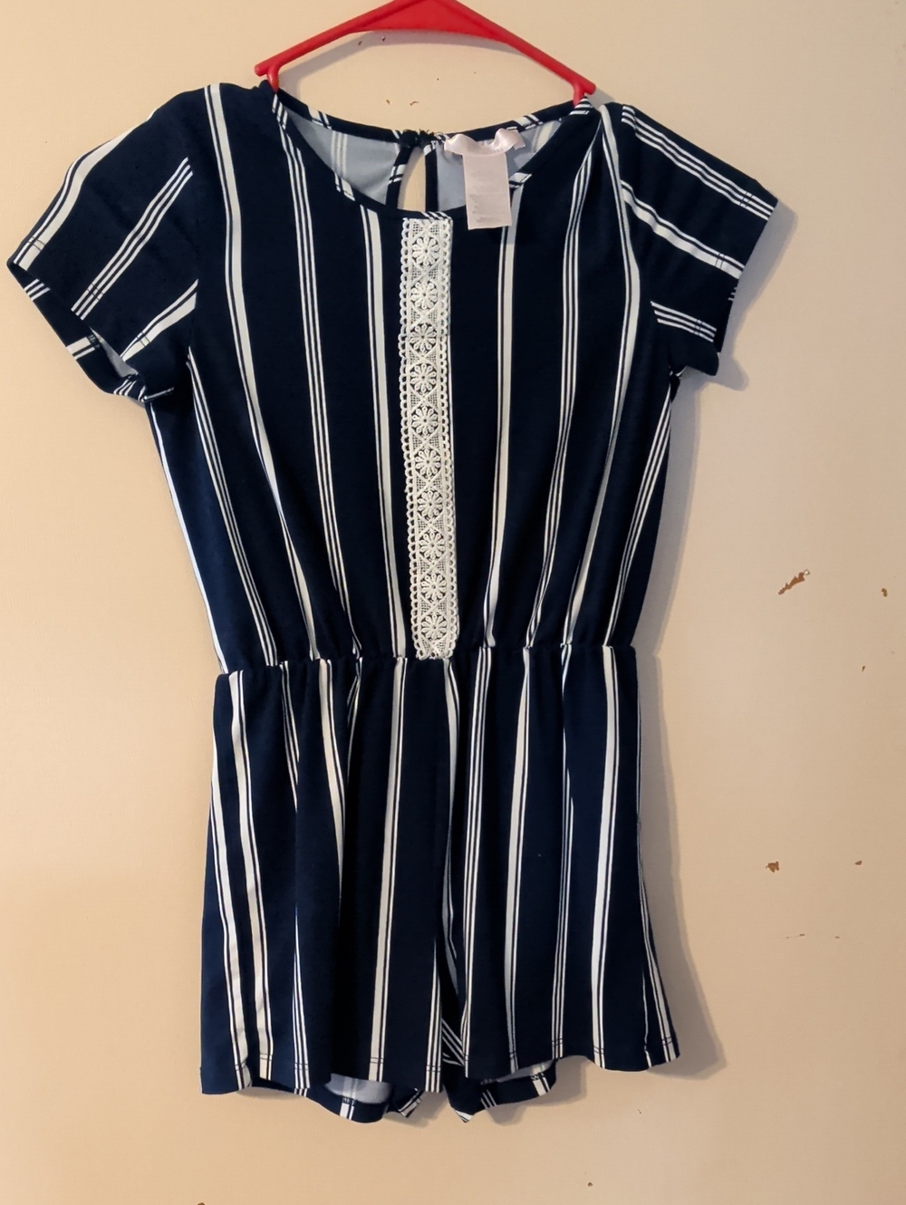 Navy and White Striped Lace-Front Girls Casual Romper
